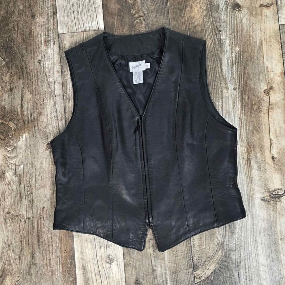 Vintage 90s Jacqueline Ferrar Black Leather Zip Front Vest Womens Size 8